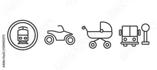 set of transportation thin line icons. transportation outline icons included tram stop label, quad bike, pram, school bus stop vector.