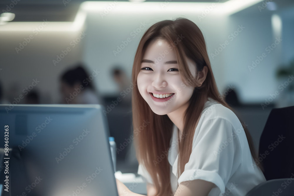 Office Working Girl, Pretty and Cute Asian Smile is sitting in front of Laptop Computer in Office Environment Background created with generative AI. Office Working Girl, Pretty and Cute Asian Smile is sitting in front of Laptop Computer in Office Environment Background created with generative AI.
