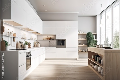 Modern kitchen interior   Modern new light interior of kitchen with white furniture and dining table with wooden floor   Scandinavian classic kitchen with wooden and white details  Generative AI