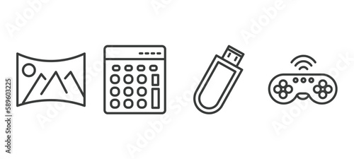 set of technology thin line icons. technology outline icons included panoramic, basic calculator, inclined pendrive, wireless gadget vector.