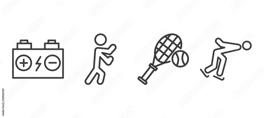 set of sport and game thin line icons. sport and game outline icons included batter, man punching, tennis game, ice skating man vector.