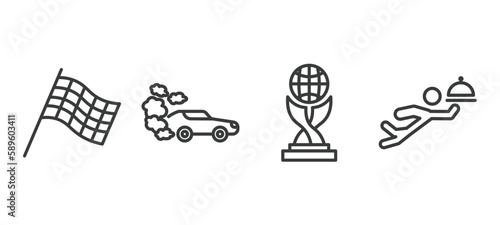 set of sport and game thin line icons. sport and game outline icons included chequered flag, drift car, world cup, waiter falling vector.