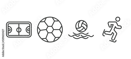 set of sport and game thin line icons. sport and game outline icons included basketball court, football ball, waterpolo, ice skating vector.