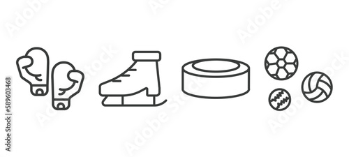 set of sport and game thin line icons. sport and game outline icons included two boxing gloves, ice skates, hockey puck, balls vector.