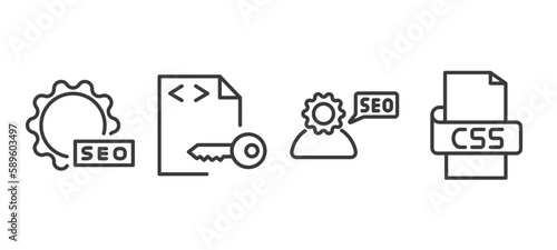 set of information technology thin line icons. information technology outline icons included image seo, encripted file, seo consulting, css vector.