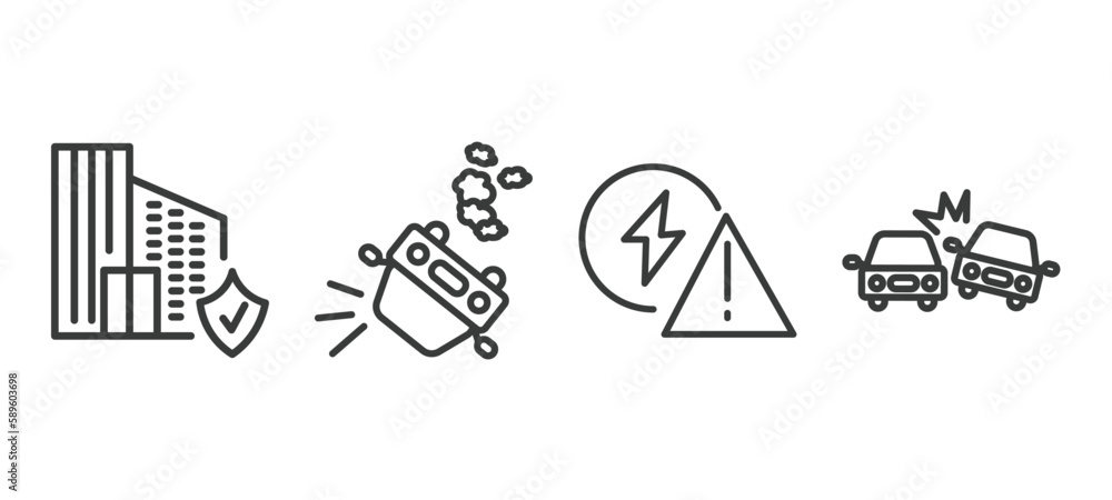 set of insurance and coverage thin line icons. insurance and coverage outline icons included building insurance, overturned car, problem electric, crash vector. set of insurance and coverage thin line icons. insurance and coverage outline icons included building insurance, overturned car, problem electric, crash vector.