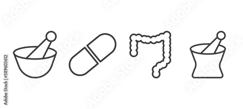 set of medical and healthcare thin line icons. medical and healthcare outline icons included medicines bowl, medical pill, colon, phary tool vector.