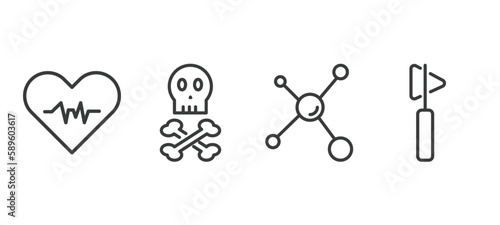 set of medical and healthcare thin line icons. medical and healthcare outline icons included diagtic, skull and bone, molecular configuration, medical hammer tool vector.