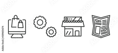 set of marketing thin line icons. marketing outline icons included online store, service, shop, gazette vector.