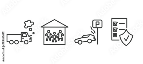 set of insurance and coverage thin line icons. insurance and coverage outline icons included total loss, family house, parking crash, contract coverage vector.