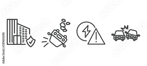 set of insurance and coverage thin line icons. insurance and coverage outline icons included building insurance, overturned car, problem electric, crash vector.
