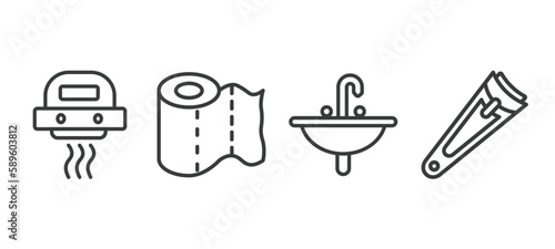 set of hygiene and sanitation thin line icons. hygiene and sanitation outline icons included hand dryer, paper towel, washbowl, nail clippers vector.