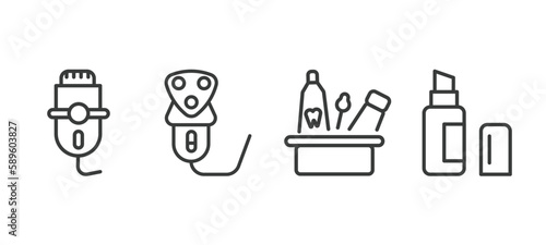 set of hygiene and sanitation thin line icons. hygiene and sanitation outline icons included depilator, electric razor, hygiene kit, lip balm vector.