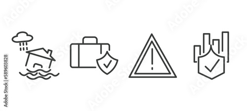 set of insurance and coverage thin line icons. insurance and coverage outline icons included inundation, luggage insurance, disaster, actual cash value vector.