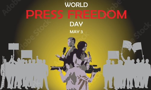 World Press Freedom Day design. It has a group press reporters, cameraman and photographer covering a a protest. Vector illustration.