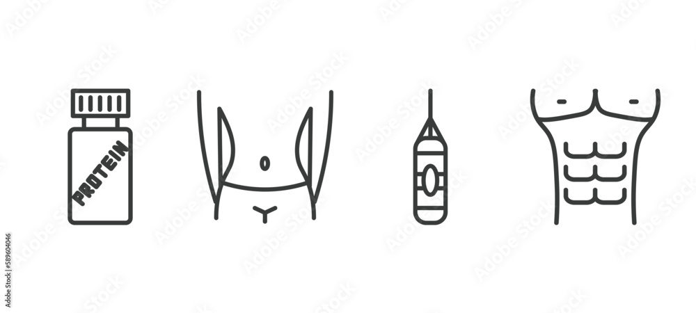 Fototapeta premium set of health and medical thin line icons. health and medical outline icons included proteins, body, punching bag, abs vector.