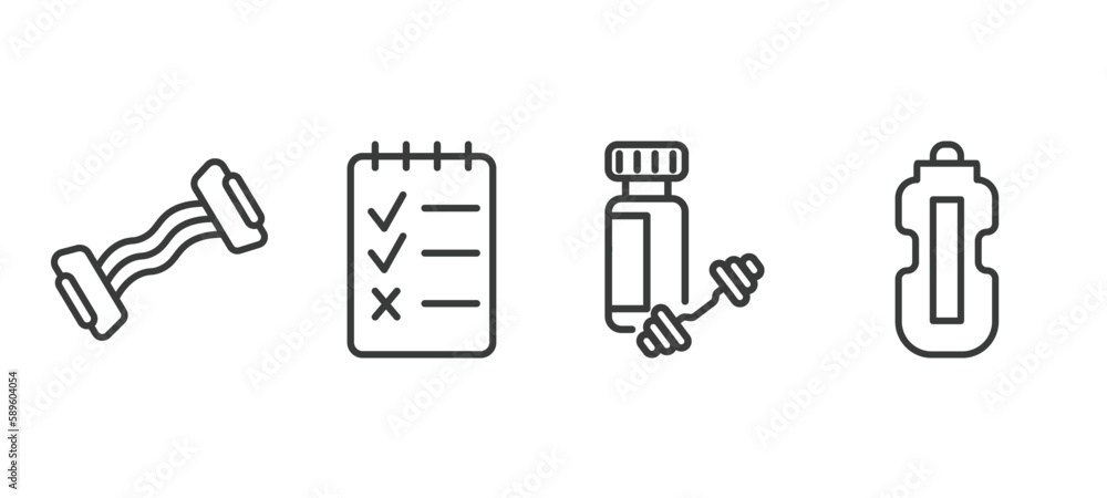 set of fitness and gym thin line icons. fitness and gym outline icons included resistance, to do list, protein shake, hydratation vector. set of fitness and gym thin line icons. fitness and gym outline icons included resistance, to do list, protein shake, hydratation vector.