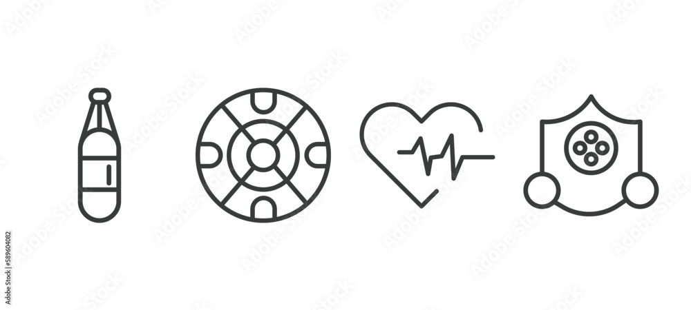 set of fitness and gym thin line icons. fitness and gym outline icons included boxing bag, iron shoot, fitness heart, elevation mask vector. set of fitness and gym thin line icons. fitness and gym outline icons included boxing bag, iron shoot, fitness heart, elevation mask vector.