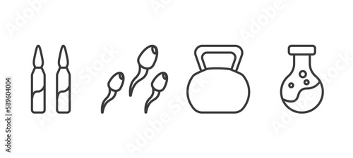 set of health and medical thin line icons. health and medical outline icons included ampoule, sperm, kettlebell, poisonous vector.