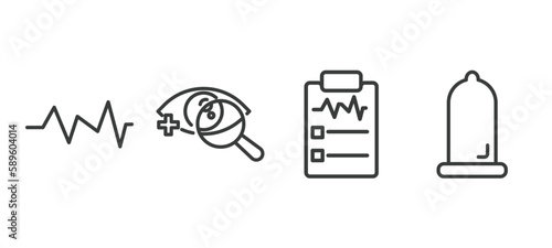 set of health and medical thin line icons. health and medical outline icons included pulse, ophthalmology, medical result, condom vector.