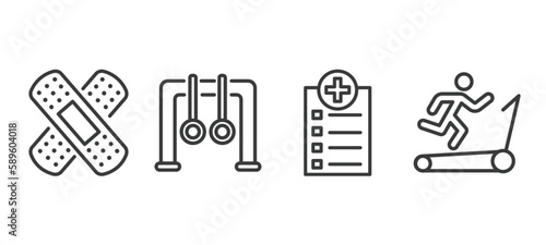 set of health and medical thin line icons. health and medical outline icons included band aid, rings, medical checklist, treadmill vector.