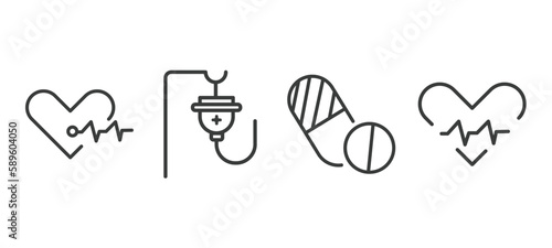 set of health and medical thin line icons. health and medical outline icons included cardiology, saline, contraceptive pills, beat vector.