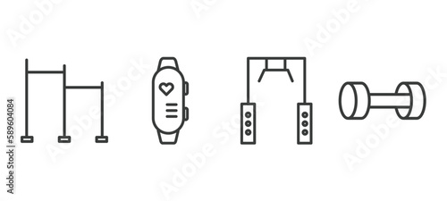 set of fitness and gym thin line icons. fitness and gym outline icons included horizontal bar, sport watch, training apparatus, lifting dumbbells vector.