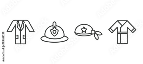 set of fashion and things thin line icons. fashion and things outline icons included lab coat, firefighter hat, pirate scarf, kimono vector.
