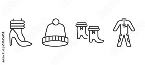 set of fashion and things thin line icons. fashion and things outline icons included leg warmer  knit hat  boot for women  working coverall vector.