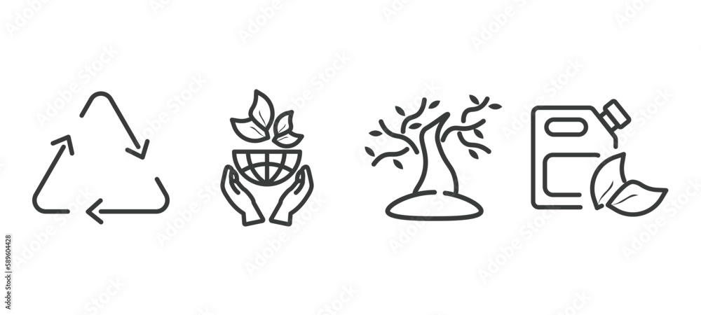 set of ecology thin line icons. ecology outline icons included recycle arrows, ecology, tree with many leaves, bio fuel vector.
