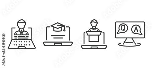 set of distance learning thin line icons. distance learning outline icons included distance teacher, online course, online coaching, qa vector.