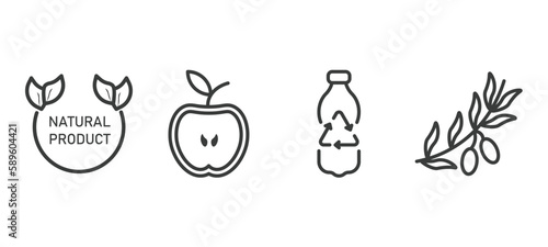 set of ecology thin line icons. ecology outline icons included natural product, half, recycled bottle, olives on a branch vector.