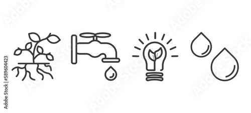 set of ecology thin line icons. ecology outline icons included plant and root, water tap, green energy, drop vector.