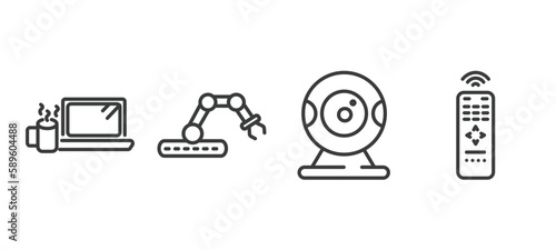 set of computer and tech thin line icons. computer and tech outline icons included morning work, robotic, webcamera, tv remote vector.
