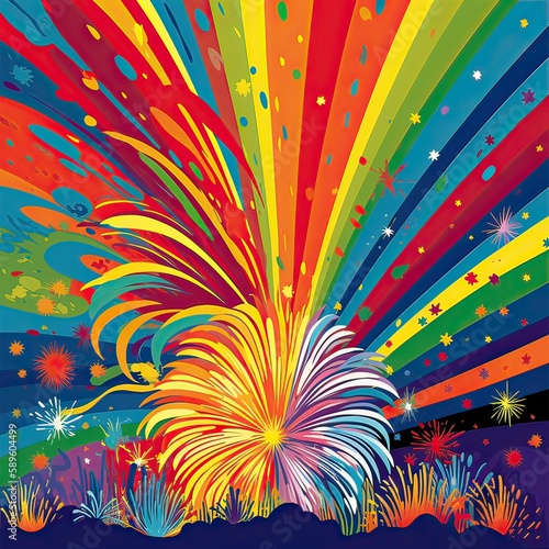 4th of July  Independence day - greeting design with USA patriotic colorsful firework burst rays. Generative Ai.