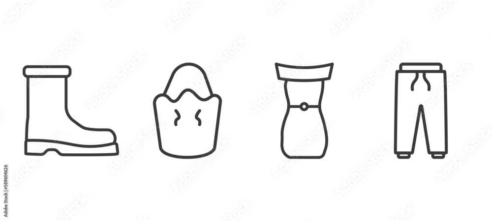 set of clothes and outfit thin line icons. clothes and outfit outline icons included wool boots, bucket bag, off the shoulder dress, sweatpants vector. set of clothes and outfit thin line icons. clothes and outfit outline icons included wool boots, bucket bag, off the shoulder dress, sweatpants vector.