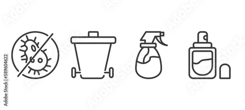 set of cleaning thin line icons. cleaning outline icons included virus cleanin, wiping trash can, wiping sprayer, perfume cleanin vector.