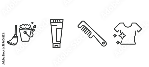 set of cleaning thin line icons. cleaning outline icons included mop cleanin, cream cleanin, comb cleanin, clean clothes vector.
