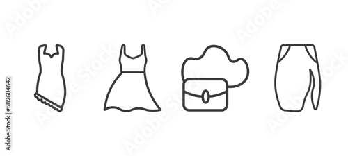 set of clothes and outfit thin line icons. clothes and outfit outline icons included jersey wrap dress, long bandeau dress, hobo bag, slit skirt vector.