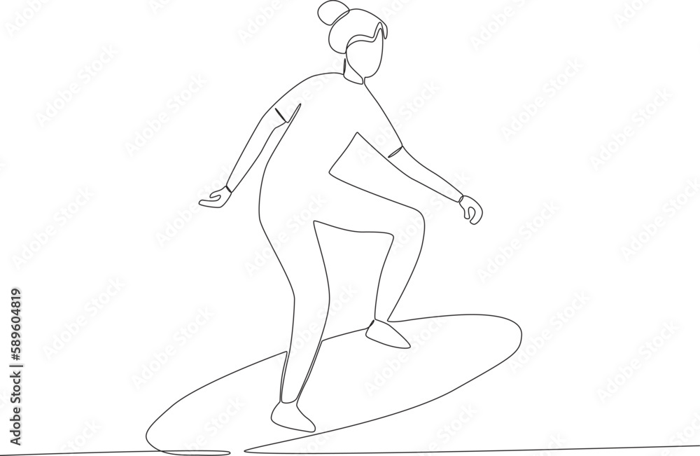 A woman surfing with a surfboard. Surfing one-line drawing A woman surfing with a surfboard. Surfing one-line drawing