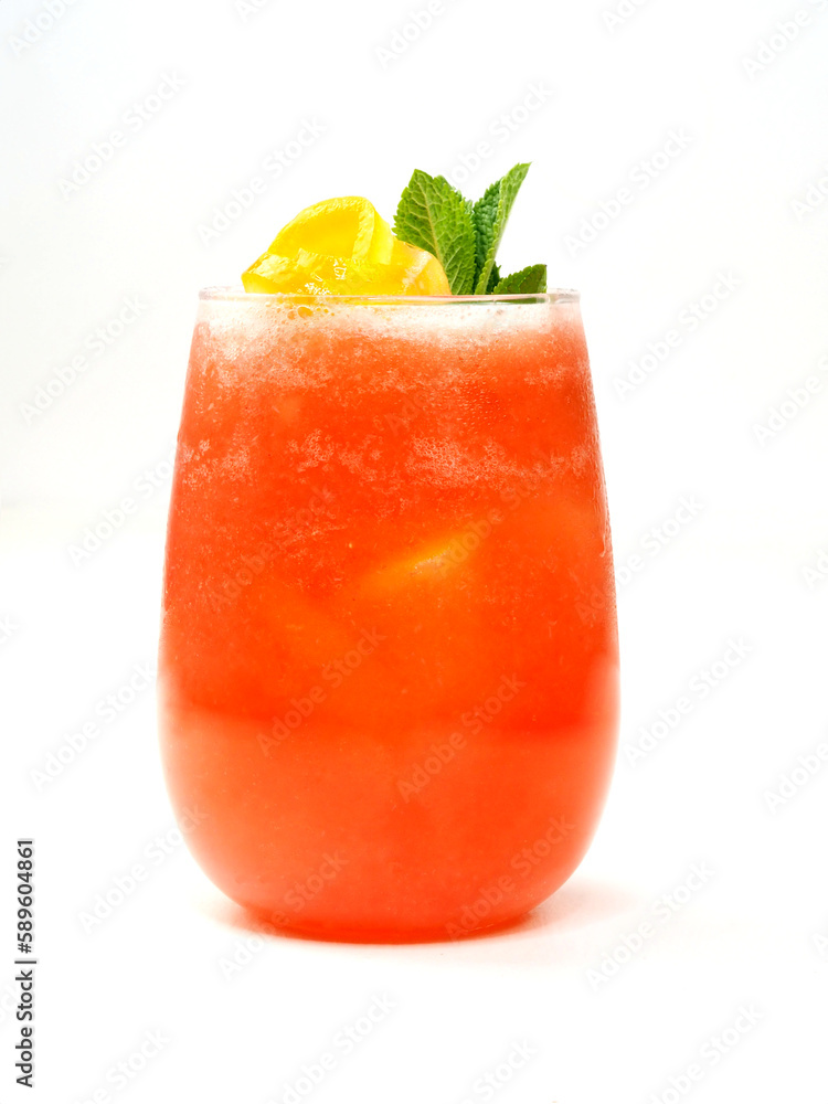 Glass of lemonade with strawberries and orange, on white background Glass of lemonade with strawberries and orange, on white background