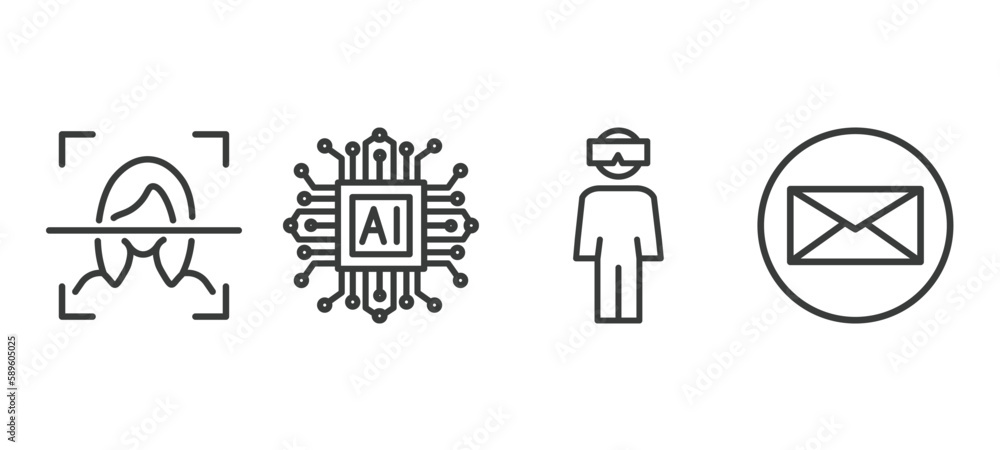 set of ai and future technology thin line icons. ai and future technology outline icons included face recognition, ai grid, oculus rift, mail vector. set of ai and future technology thin line icons. ai and future technology outline icons included face recognition, ai grid, oculus rift, mail vector.