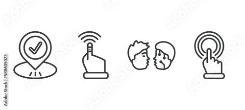 set of artificial intellegence thin line icons. artificial intellegence outline icons included visit, finger control, turing test, touch screen vector.