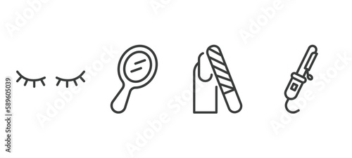 set of beauty and elegance thin line icons. beauty and elegance outline icons included two eyelashes, hand mirror, nail file, curler vector.