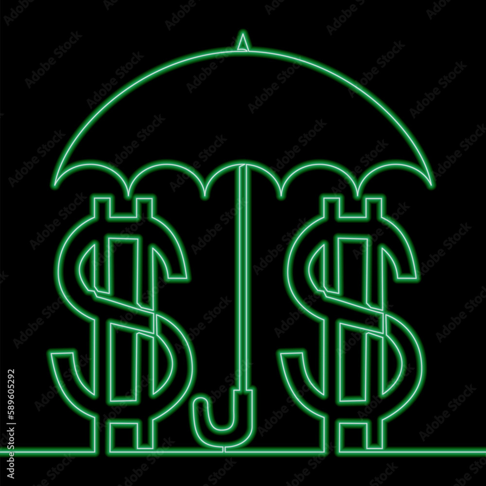 Continuous line drawing Money under umbrella financial savings insurance icon neon glow vector illustration concept Continuous line drawing Money under umbrella financial savings insurance icon neon glow vector illustration concept
