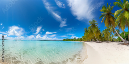 grüne Palmen am Strand mit türkisblauen Meer, generative AI