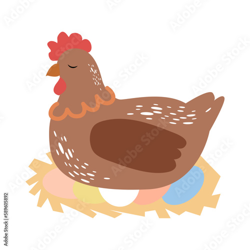 Funny, cute cartoon hen character with eggs sitting on nest