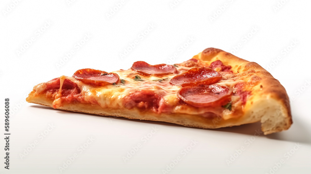 Slice of pizza closeup isolated on white background, side view. Generative AI Slice of pizza closeup isolated on white background, side view. Generative AI
