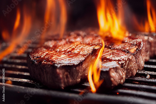 Grilling steak is resting on a grill with flaming. Generative AI