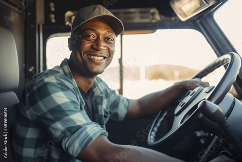Black male truck driver driving a truck. Generative AI